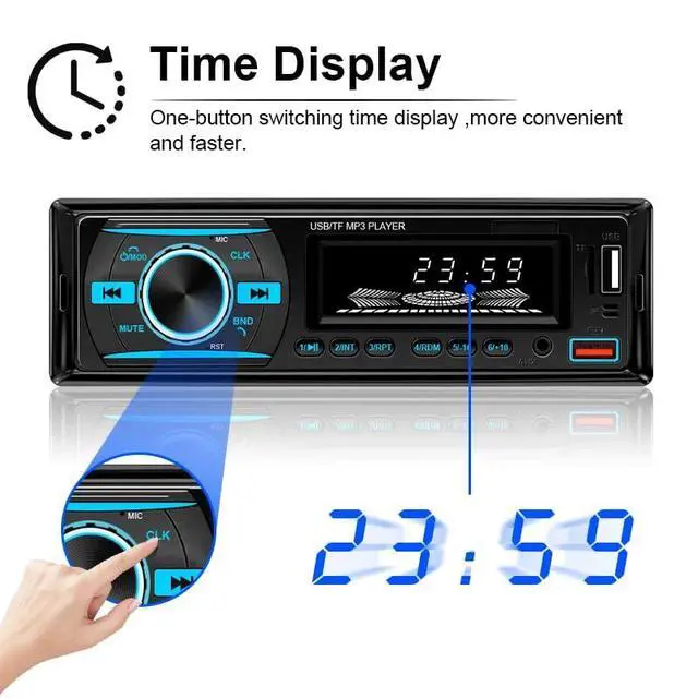 Alt view image 7 of 7 - 1 DIN Car Stereo Bluetooth Audio Receiver - FM Radio MP3 Player with Hands-Free Calling, Wireless Music Streaming, Fast Charging, USB/TF/AUX Port, 7-Color Backlight, Clock Display, Remote Control