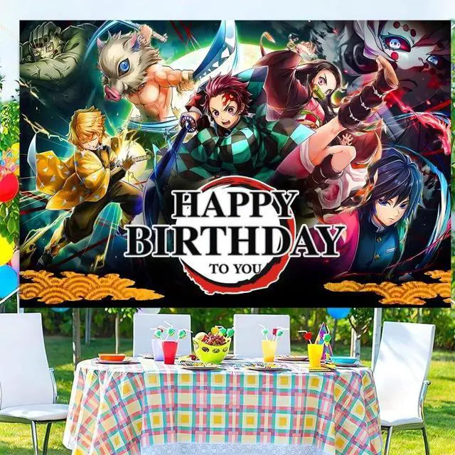 Alt view image 2 of 6 - Demon Birthday Party Decorations, 5x3ft Happy Birthday Back Drop Banner Theme Backdrop Banner for Slayer Party Decorations Indoor Outdoor