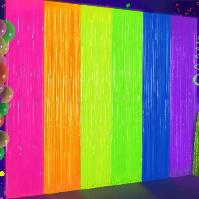 Main image of 2 Pack Glow in The Dark Tinsel Curtains, Neon Party Decorations 3.3 x 6.6 Ft Blacklight Reactive Fluorescent Party Backdrop for Birthday Wedding, Neon Party, Glow Party Decorations Supplies
