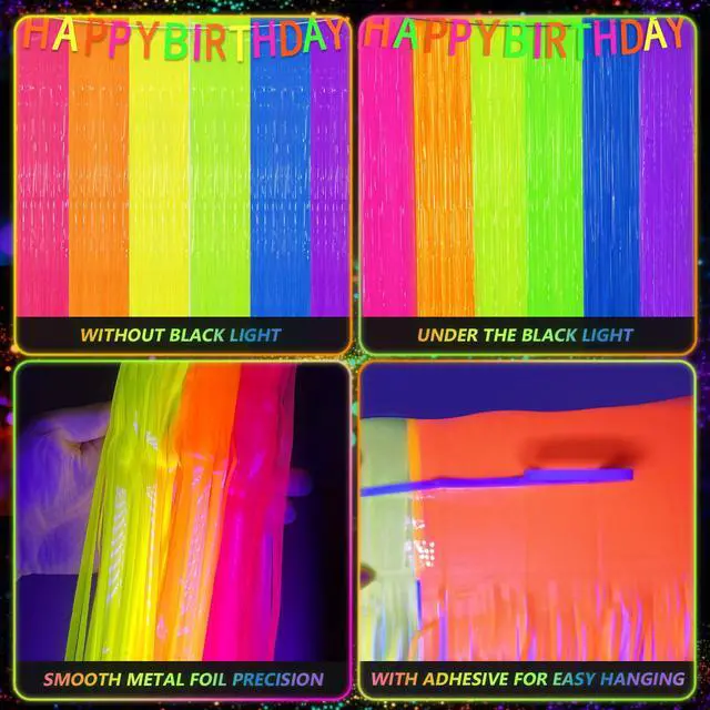 Alt view image 2 of 7 - 2 Pack Glow in The Dark Tinsel Curtains, Neon Party Decorations 3.3 x 6.6 Ft Blacklight Reactive Fluorescent Party Backdrop for Birthday Wedding, Neon Party, Glow Party Decorations Supplies