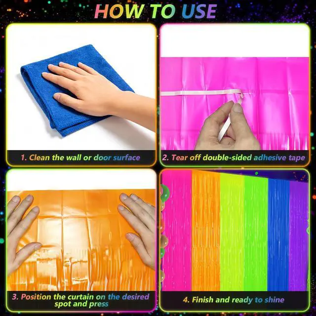 Alt view image 4 of 7 - 2 Pack Glow in The Dark Tinsel Curtains, Neon Party Decorations 3.3 x 6.6 Ft Blacklight Reactive Fluorescent Party Backdrop for Birthday Wedding, Neon Party, Glow Party Decorations Supplies