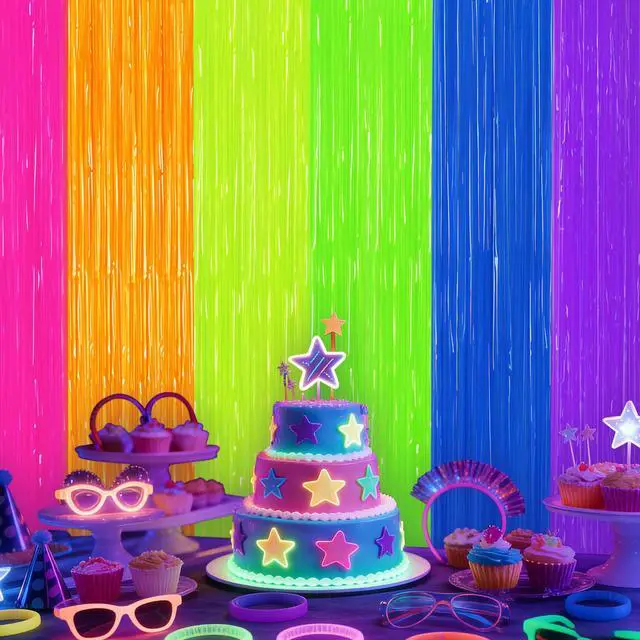Alt view image 6 of 7 - 2 Pack Glow in The Dark Tinsel Curtains, Neon Party Decorations 3.3 x 6.6 Ft Blacklight Reactive Fluorescent Party Backdrop for Birthday Wedding, Neon Party, Glow Party Decorations Supplies