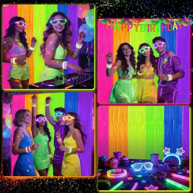 Alt view image 7 of 7 - 2 Pack Glow in The Dark Tinsel Curtains, Neon Party Decorations 3.3 x 6.6 Ft Blacklight Reactive Fluorescent Party Backdrop for Birthday Wedding, Neon Party, Glow Party Decorations Supplies