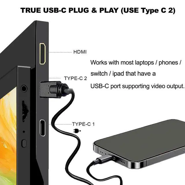 Alt view image 5 of 7 - 15.6 Portable Monitor FHD 1080p IPS 60hz Plug & Play | Ultra Slim Travel Monitor Built-in Kickstand Type-C HDMISecond Screen for Laptop MacBook Phone Xbox Switch