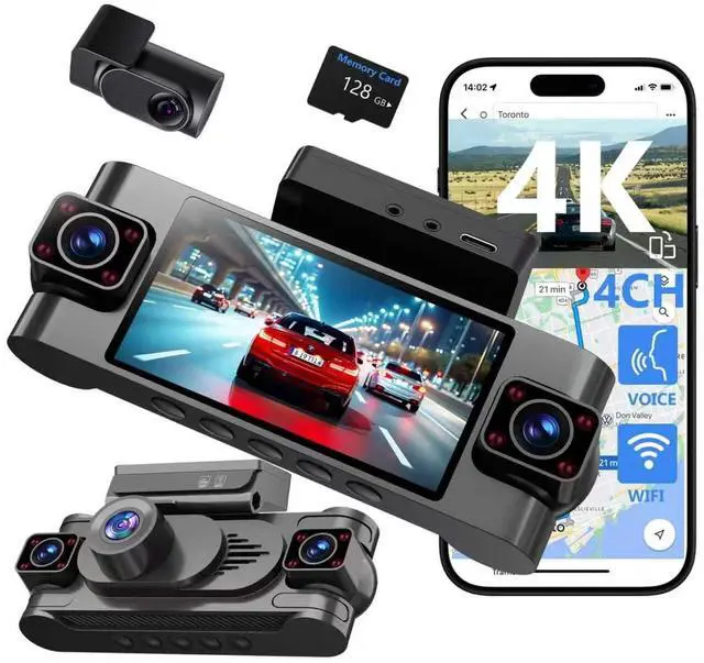 Main image of 4 Channel Dash Cam 360 for Cars, 4k dashcam Front Rear Inside Camera with 128GB Card, 5.8GHz WiFi GPS, Voice Control, Super Night Vision, 24/7 Parking Monitor, Loop Recording