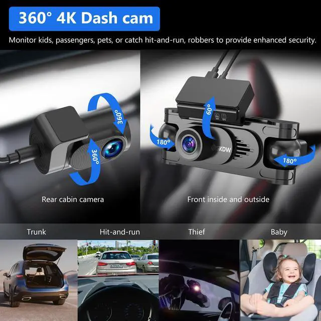 Alt view image 2 of 7 - 4 Channel Dash Cam 360 for Cars, 4k dashcam Front Rear Inside Camera with 128GB Card, 5.8GHz WiFi GPS, Voice Control, Super Night Vision, 24/7 Parking Monitor, Loop Recording