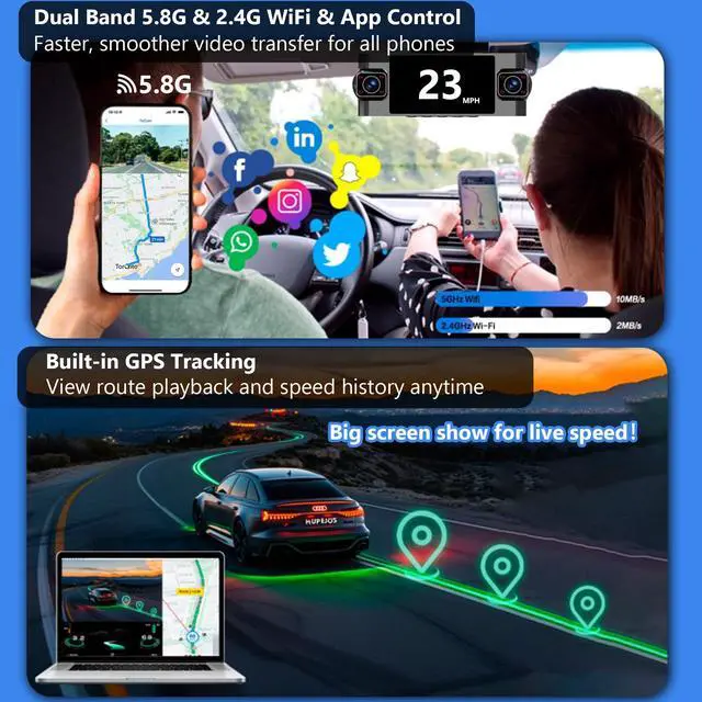 Alt view image 4 of 7 - 4 Channel Dash Cam 360 for Cars, 4k dashcam Front Rear Inside Camera with 128GB Card, 5.8GHz WiFi GPS, Voice Control, Super Night Vision, 24/7 Parking Monitor, Loop Recording