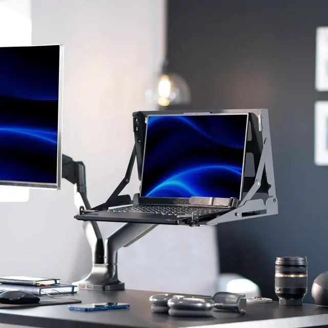 Alt view image 2 of 7 - Black Flip Down 13 to 17 inch Laptop Tray Holder, Mount-FDLAP1 | Designed for Wall-Mounted Floating Workstation or VESA Stand Accessory, Space Saving, Holds 22 lbs