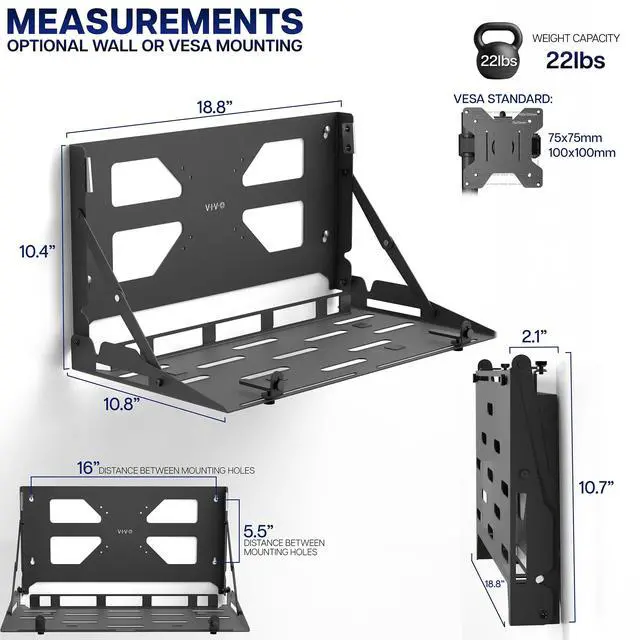 Alt view image 3 of 7 - Black Flip Down 13 to 17 inch Laptop Tray Holder, Mount-FDLAP1 | Designed for Wall-Mounted Floating Workstation or VESA Stand Accessory, Space Saving, Holds 22 lbs