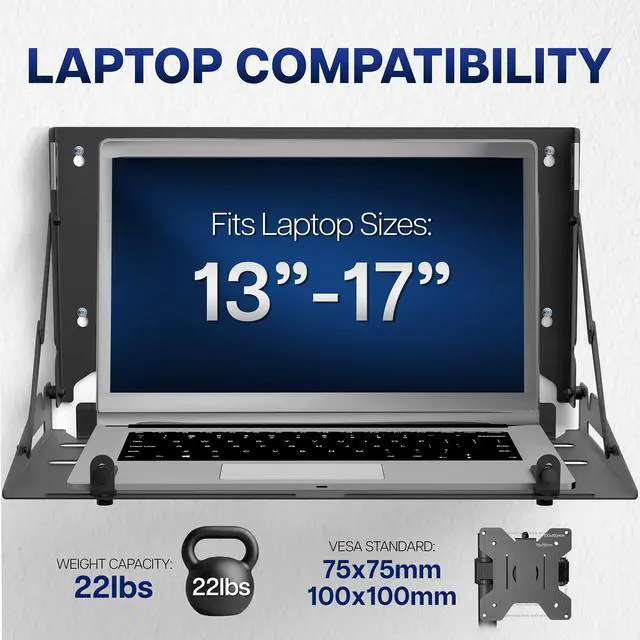 Alt view image 5 of 7 - Black Flip Down 13 to 17 inch Laptop Tray Holder, Mount-FDLAP1 | Designed for Wall-Mounted Floating Workstation or VESA Stand Accessory, Space Saving, Holds 22 lbs