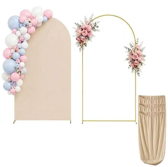 Main image of 7.2FT Metal Arch Backdrop Stand with Beige Spandex Arch Cover | and Set of 3 Beige Elastic Cylinder Pedestal Stand Covers for Wedding Birthday Parties Event Decor