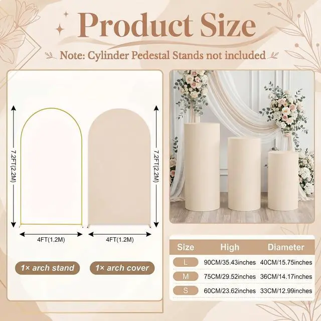 Alt view image 2 of 7 - 7.2FT Metal Arch Backdrop Stand with Beige Spandex Arch Cover | and Set of 3 Beige Elastic Cylinder Pedestal Stand Covers for Wedding Birthday Parties Event Decor