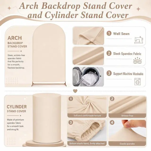 Alt view image 3 of 7 - 7.2FT Metal Arch Backdrop Stand with Beige Spandex Arch Cover | and Set of 3 Beige Elastic Cylinder Pedestal Stand Covers for Wedding Birthday Parties Event Decor