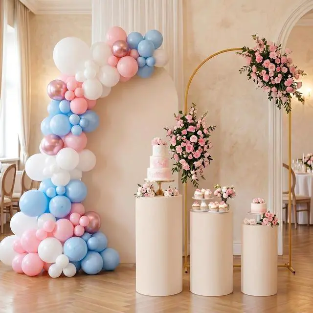 Alt view image 6 of 7 - 7.2FT Metal Arch Backdrop Stand with Beige Spandex Arch Cover | and Set of 3 Beige Elastic Cylinder Pedestal Stand Covers for Wedding Birthday Parties Event Decor