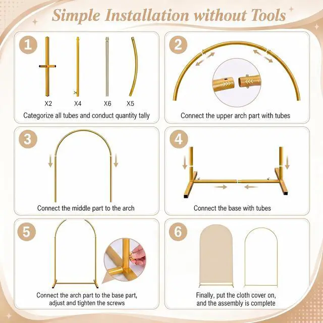 Alt view image 4 of 7 - 7.2FT Metal Arch Backdrop Stand with Beige Spandex Arch Cover | and Set of 3 Beige Elastic Cylinder Pedestal Stand Covers for Wedding Birthday Parties Event Decor