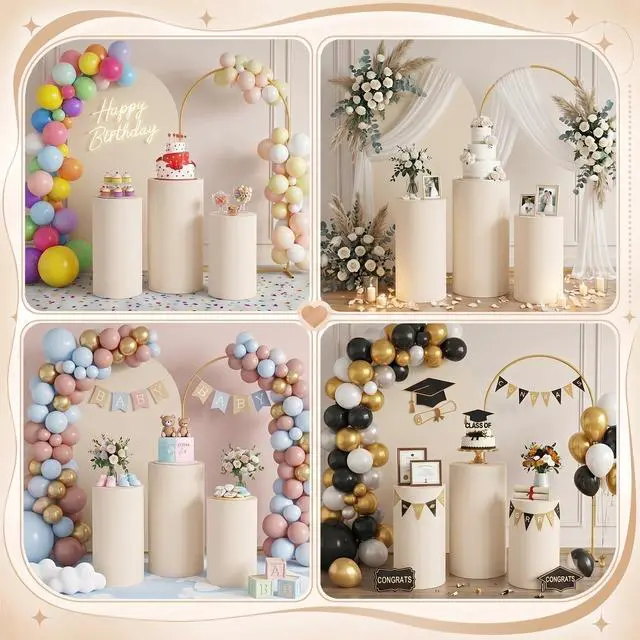 Alt view image 7 of 7 - 7.2FT Metal Arch Backdrop Stand with Beige Spandex Arch Cover | and Set of 3 Beige Elastic Cylinder Pedestal Stand Covers for Wedding Birthday Parties Event Decor