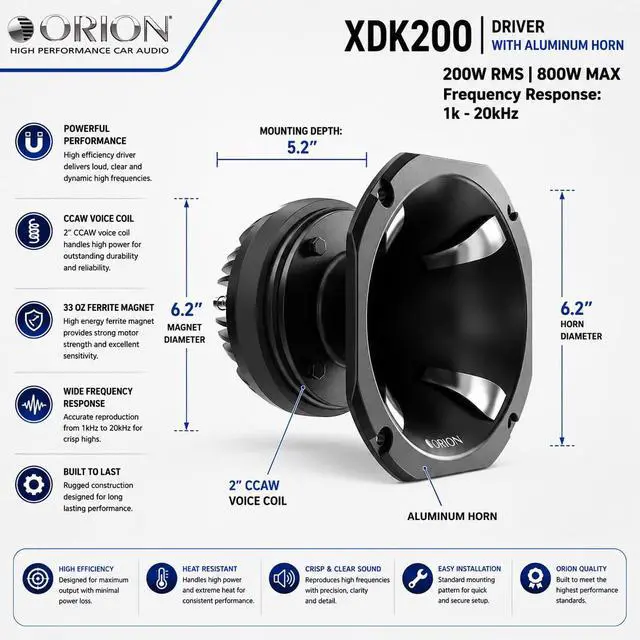 Alt view image 2 of 3 - XTR Series XDK200 High Performance 2 Compression Driver Kit with Horn 800W Max, 200W RMS, 8 Ohm, Titanium Diaphragm, Ceramic Magnet Pro Car Audio Speaker Systems (Single)