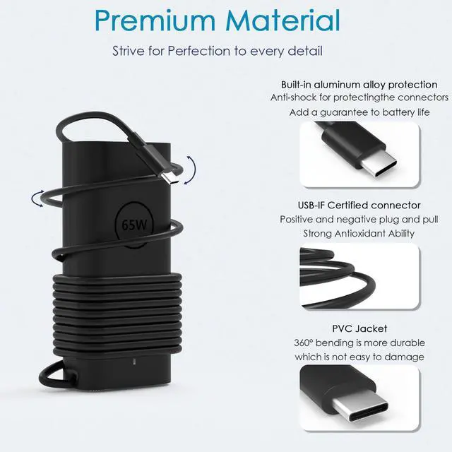 Alt view image 3 of 7 - 65W USB C AI PC Charger Compatible with Dell Pro 14 Plus 13 16 PB14250 PB13250 DB14250 PA16250 DB06250 PC16250/ Pro 14 13 Premium PA13250 PA14250 Rugged 13 14 RB14250 Laptop Power Cord