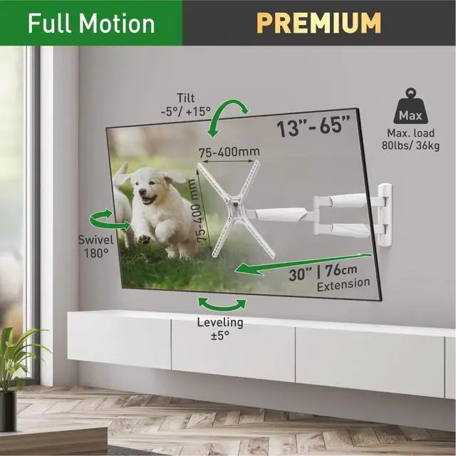 Alt view image 2 of 7 - Long White TV Wall Mount, 13-65 inch Full Motion Articulating - 4 Movement Flat/Curved Screen Bracket, Holds up to 79lbs, Extremely Extendable, Fits LED OLED LCD (BM343XLW)