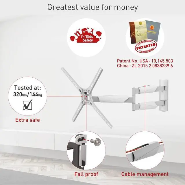 Alt view image 3 of 7 - Long White TV Wall Mount, 13-65 inch Full Motion Articulating - 4 Movement Flat/Curved Screen Bracket, Holds up to 79lbs, Extremely Extendable, Fits LED OLED LCD (BM343XLW)