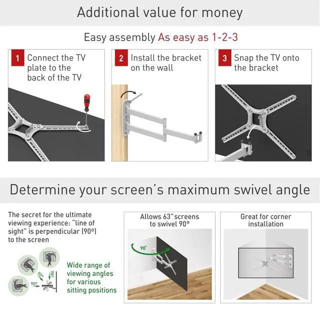 Alt view image 4 of 7 - Long White TV Wall Mount, 13-65 inch Full Motion Articulating - 4 Movement Flat/Curved Screen Bracket, Holds up to 79lbs, Extremely Extendable, Fits LED OLED LCD (BM343XLW)