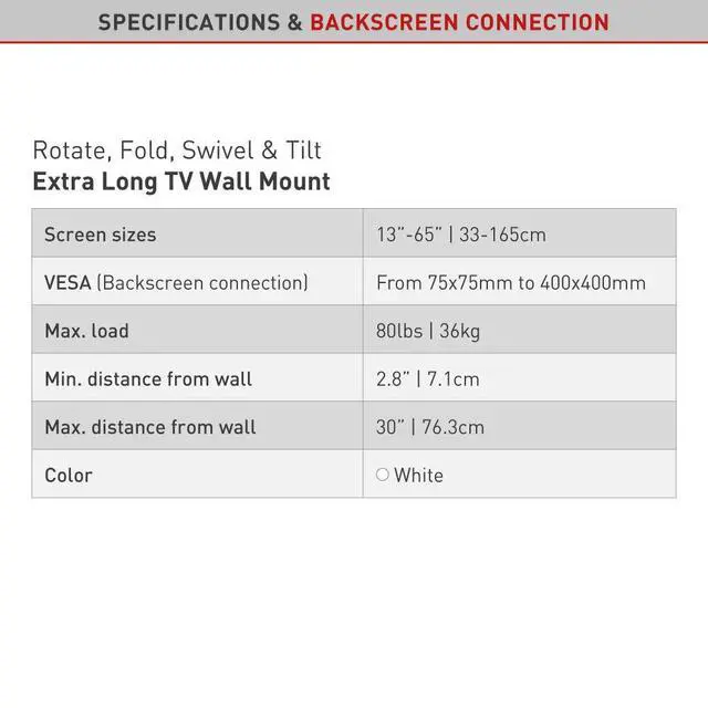 Alt view image 5 of 7 - Long White TV Wall Mount, 13-65 inch Full Motion Articulating - 4 Movement Flat/Curved Screen Bracket, Holds up to 79lbs, Extremely Extendable, Fits LED OLED LCD (BM343XLW)