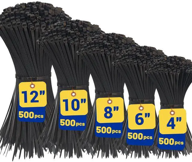 Main image of 2500PCS Zip Ties Assorted Sizes (4/6/8/10/12 Inch) 500PCS Each Black Self-Locking Nylon Cable Ties Multipurpose Wire Ties for Home, Office, Garden, Workshop Indoor/Outdoor Use