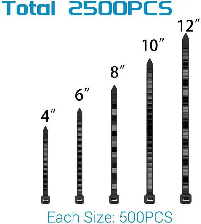 Alt view image 3 of 7 - 2500PCS Zip Ties Assorted Sizes (4/6/8/10/12 Inch) 500PCS Each Black Self-Locking Nylon Cable Ties Multipurpose Wire Ties for Home, Office, Garden, Workshop Indoor/Outdoor Use