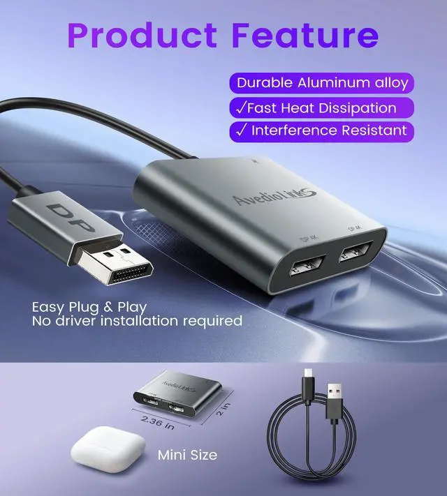 Alt view image 6 of 7 - Displayport to Dual Displayport Splitter Adapter 4K@60Hz, DP 1.4 Splitter Adapter 1 in 2 Out SST/MST Extended Display Compatible with PC, Laptop,Graphics,PC