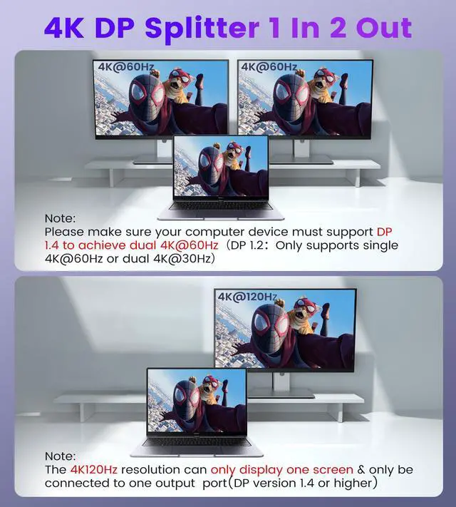 Alt view image 3 of 7 - Displayport to Dual Displayport Splitter Adapter 4K@60Hz, DP 1.4 Splitter Adapter 1 in 2 Out SST/MST Extended Display Compatible with PC, Laptop,Graphics,PC
