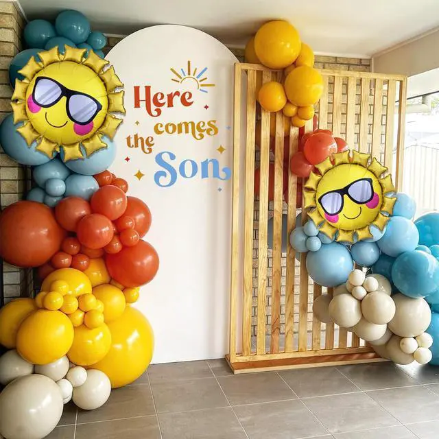 Alt view image 5 of 6 - Here Comes The Son Sign Baby Shower Decoration Backdrop, Backdrop Sticker for Newborn Party Decorations,Baby Shower Party Photo Props,Gender Reveal Neutral Sticker
