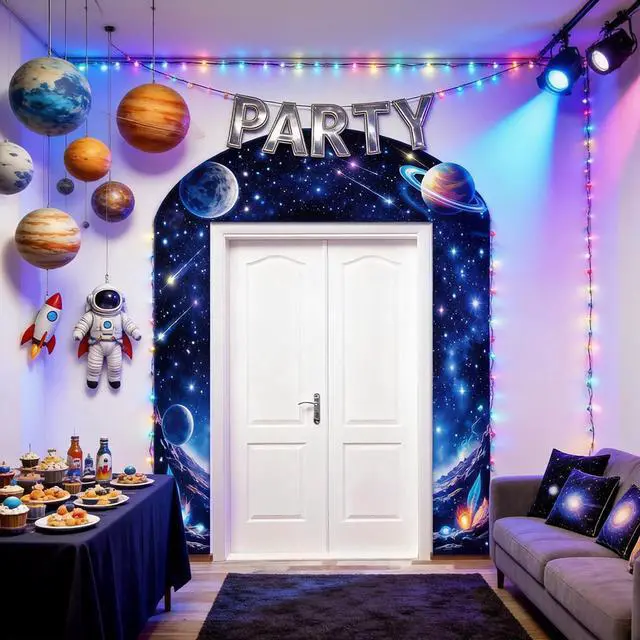 Alt view image 2 of 6 - 3PCS Outer Space Solar System Door Decorations Porch Banner Galaxy Starry Photo Background Planet Earth Moon Universe Milky Way Hanging Backdrop Props Supplies Photography