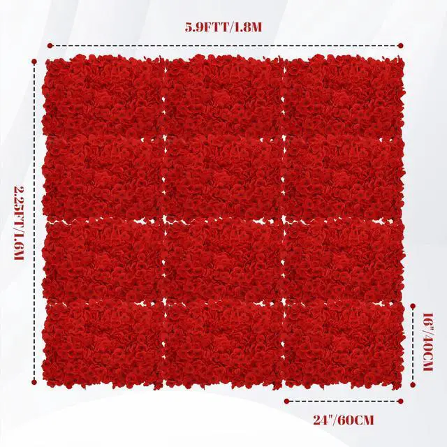 Alt view image 2 of 7 - 12 Pcs Red Flower Wall Panel Backdrop - 24"x16" 3D Silk Floral Panels for Wedding, Baby Shower, Birthday Party, Bridal Shower Decor - DIY Reusable Photo Background with Zip Ties & Nails