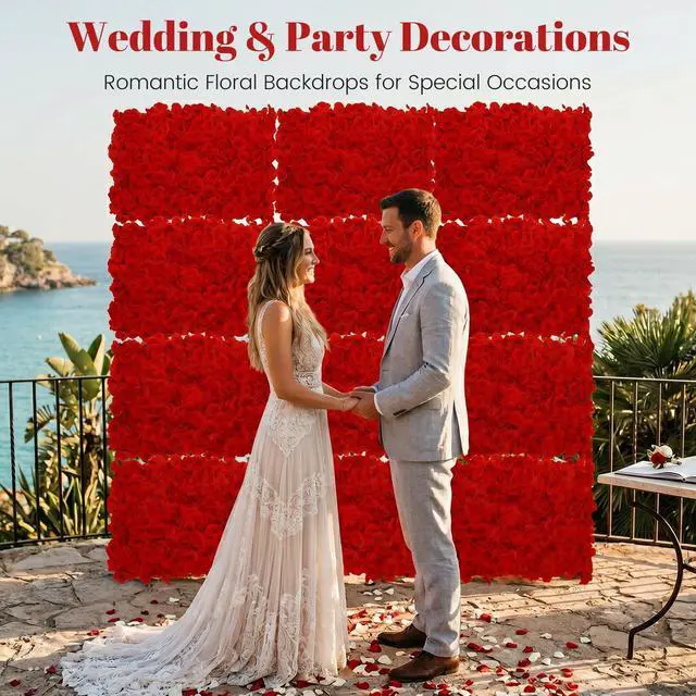 Alt view image 5 of 7 - 12 Pcs Red Flower Wall Panel Backdrop - 24"x16" 3D Silk Floral Panels for Wedding, Baby Shower, Birthday Party, Bridal Shower Decor - DIY Reusable Photo Background with Zip Ties & Nails