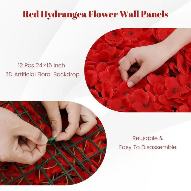 Alt view image 4 of 7 - 12 Pcs Red Flower Wall Panel Backdrop - 24"x16" 3D Silk Floral Panels for Wedding, Baby Shower, Birthday Party, Bridal Shower Decor - DIY Reusable Photo Background with Zip Ties & Nails
