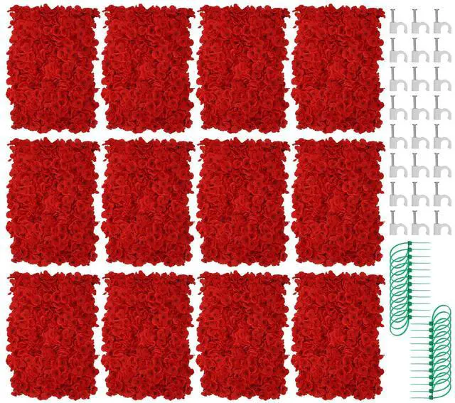 Main image of 12 Pcs Red Flower Wall Panel Backdrop - 24"x16" 3D Silk Floral Panels for Wedding, Baby Shower, Birthday Party, Bridal Shower Decor - DIY Reusable Photo Background with Zip Ties & Nails