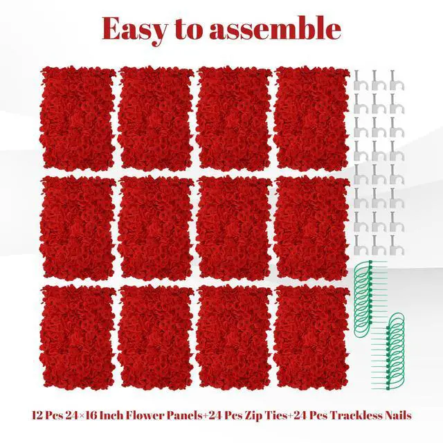 Alt view image 3 of 7 - 12 Pcs Red Flower Wall Panel Backdrop - 24"x16" 3D Silk Floral Panels for Wedding, Baby Shower, Birthday Party, Bridal Shower Decor - DIY Reusable Photo Background with Zip Ties & Nails