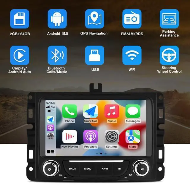 Alt view image 2 of 7 - Car Radio Stereo Upgrade for Dodge RAM 1500 2500 3500 2013-2019 | Android 15, 2GB+64GB, 7 Inch, with Backup Camera, Wireless CarPlay/Android Auto/Mirroring, Wi-Fi, Bluetooth, SWC, FM/AM/RDS