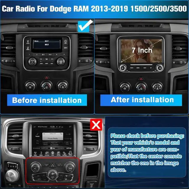 Alt view image 3 of 7 - Car Radio Stereo Upgrade for Dodge RAM 1500 2500 3500 2013-2019 | Android 15, 2GB+64GB, 7 Inch, with Backup Camera, Wireless CarPlay/Android Auto/Mirroring, Wi-Fi, Bluetooth, SWC, FM/AM/RDS