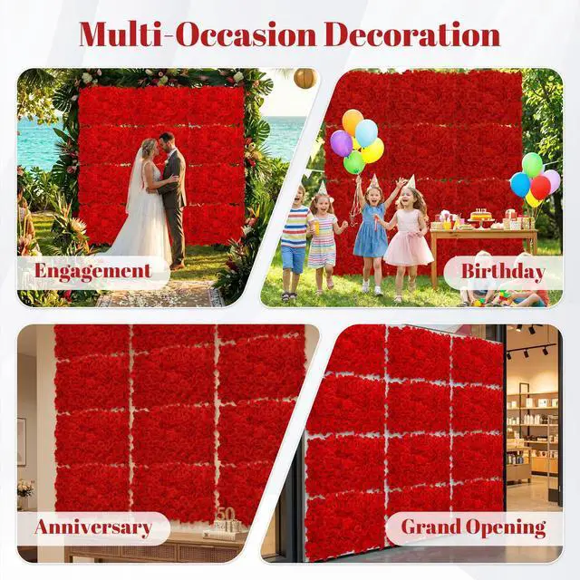 Alt view image 7 of 7 - 12 Pcs Red Flower Wall Panel Backdrop - 24"x16" 3D Silk Floral Panels for Wedding, Baby Shower, Birthday Party, Bridal Shower Decor - DIY Reusable Photo Background with Zip Ties & Nails
