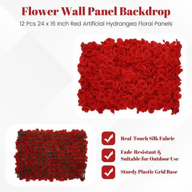 Alt view image 6 of 7 - 12 Pcs Red Flower Wall Panel Backdrop - 24"x16" 3D Silk Floral Panels for Wedding, Baby Shower, Birthday Party, Bridal Shower Decor - DIY Reusable Photo Background with Zip Ties & Nails