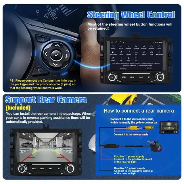 Alt view image 6 of 7 - Car Radio Stereo Upgrade for Dodge RAM 1500 2500 3500 2013-2019 | Android 15, 2GB+64GB, 7 Inch, with Backup Camera, Wireless CarPlay/Android Auto/Mirroring, Wi-Fi, Bluetooth, SWC, FM/AM/RDS