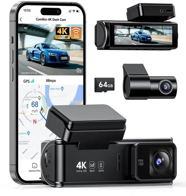 Main image of 4K+1080P Dash Cam Front and Rear, 5GHz WiFi, GPS, 64GB Card Included | 4K front + 1080P rear, dual-band WiFi app control, night vision, G-sensor, 170° view, 24H parking (hardwire required)