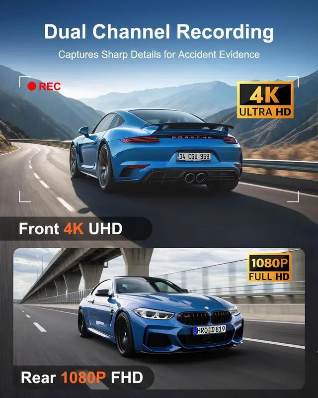 Alt view image 2 of 7 - 4K+1080P Dash Cam Front and Rear, 5GHz WiFi, GPS, 64GB Card Included | 4K front + 1080P rear, dual-band WiFi app control, night vision, G-sensor, 170° view, 24H parking (hardwire required)