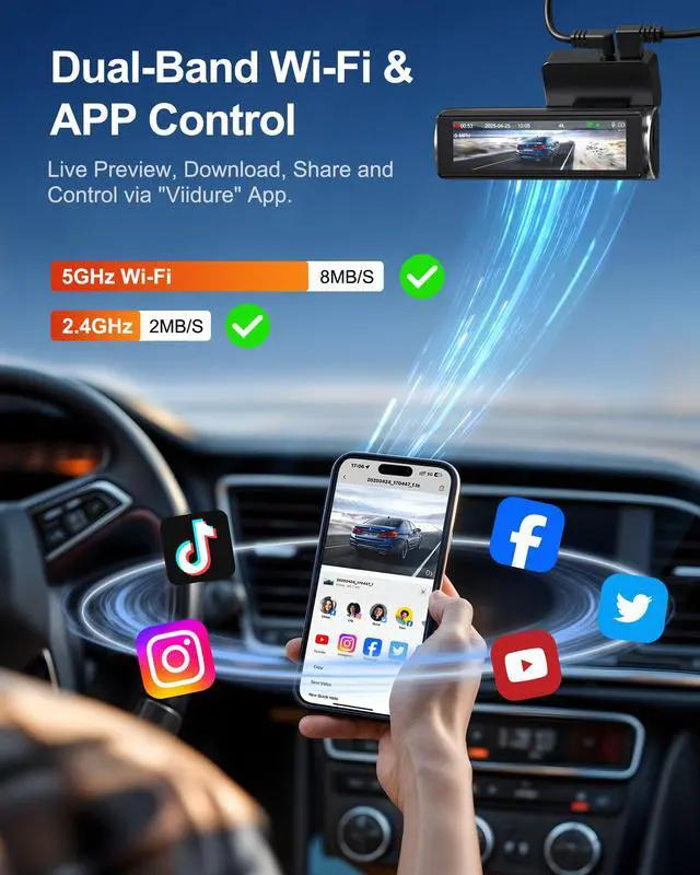 Alt view image 4 of 7 - 4K+1080P Dash Cam Front and Rear, 5GHz WiFi, GPS, 64GB Card Included | 4K front + 1080P rear, dual-band WiFi app control, night vision, G-sensor, 170° view, 24H parking (hardwire required)