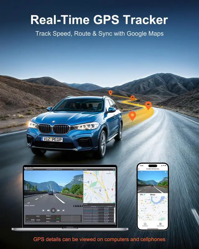Alt view image 5 of 7 - 4K+1080P Dash Cam Front and Rear, 5GHz WiFi, GPS, 64GB Card Included | 4K front + 1080P rear, dual-band WiFi app control, night vision, G-sensor, 170° view, 24H parking (hardwire required)
