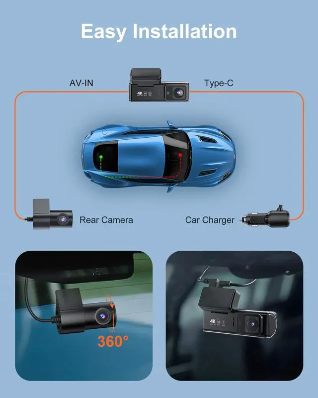 Alt view image 7 of 7 - 4K+1080P Dash Cam Front and Rear, 5GHz WiFi, GPS, 64GB Card Included | 4K front + 1080P rear, dual-band WiFi app control, night vision, G-sensor, 170° view, 24H parking (hardwire required)