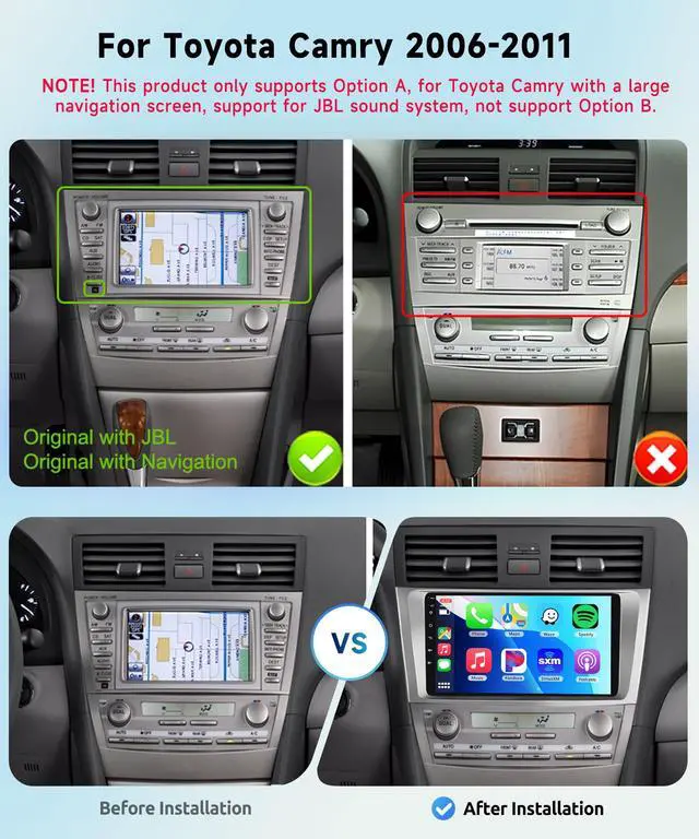 Alt view image 2 of 7 - for Toyota Camry 2006-2011 with JBL 8 CORE 6G+128G Car Radio Stereo with Wireless CarPlay Android Auto, 9 Inch 1280 * 720P IPS Touch Screen Android 13 GPS WiFi Bluetooth 32-Band DSP SWC HD Camera