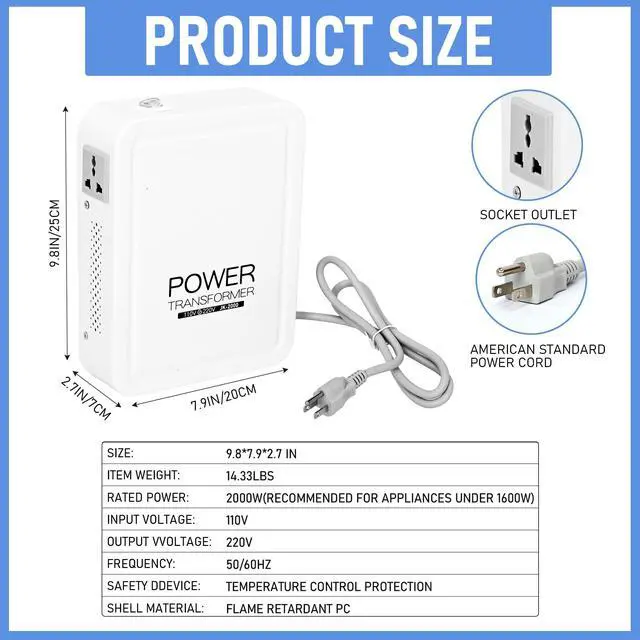 Alt view image 4 of 7 - Updated 2000W Step Up Transformer 110v to 220v | with Overheat Protection, High Voltage Step up Voltage Electrical Converter for Euro China Korea 220V-240V Appliances