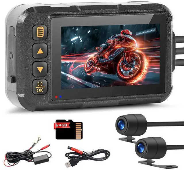 Main image of Motorcycle Dash Cam with Dual Front and Rear Cameras, Fits All Motorcycles | 3.0" Screen Motorcycle Camera with 64GB TF Card, IP67 Waterproof, G-Sensor, Loop Recording, 24/7 Parking Mode